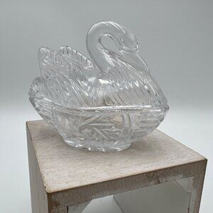 Vintage Swan On Nest Clear Pressed Glass Decorative Trinket Dish Crystal Made in